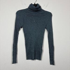 Leo & Sage Small Turtleneck Rib Sweater Pullover Green Cotton Nylon Long Sleeves